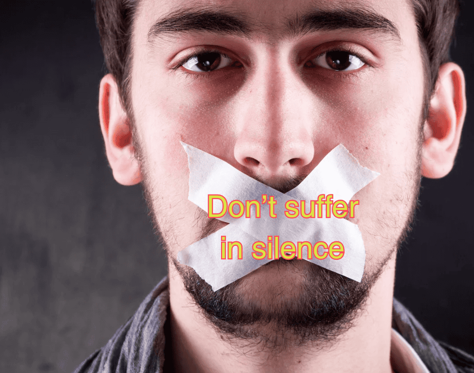 Image of a man with tape over his mouth. Text over his mouth says "Don't suffer in silence" with pelvic pain
